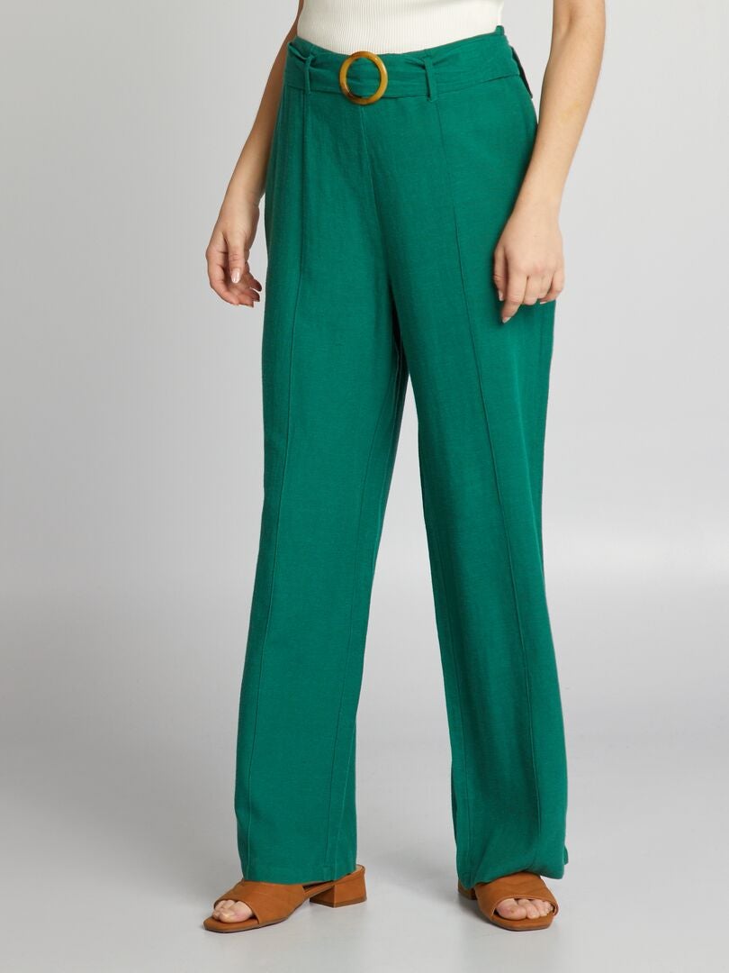 Hoge taille linnen broek met wijde pijpen - GROEN