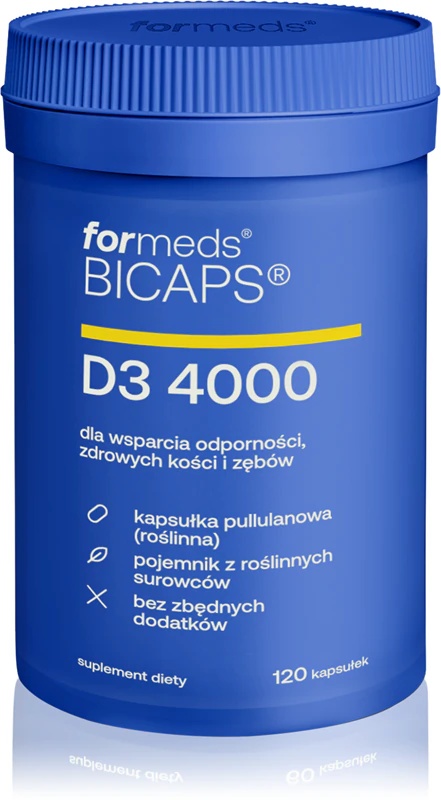 Forms Bicaps D3 4000 uztura bagātinātāja kapsulas imūnsistēmas un zobu veselības atbalstam