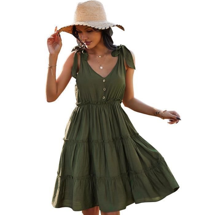 MOBIGARLAN Robe sur-plissée uni Bretelles pour Vêtements Vacances Vert Femmes