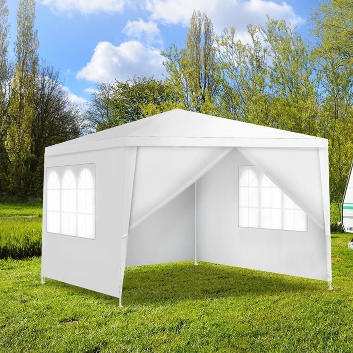 COSTWAY Tonnelle de Jardin Chapiteau 3x3m-4 Parois Amovibles-en Tissu PE Imperméable-2 Fenêtres