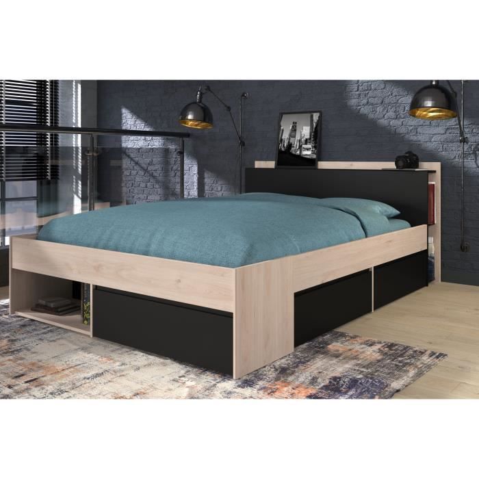 Cama adulta COMBO 140x190/200 cm - Roble y negro - 3 cajones - PARISOT