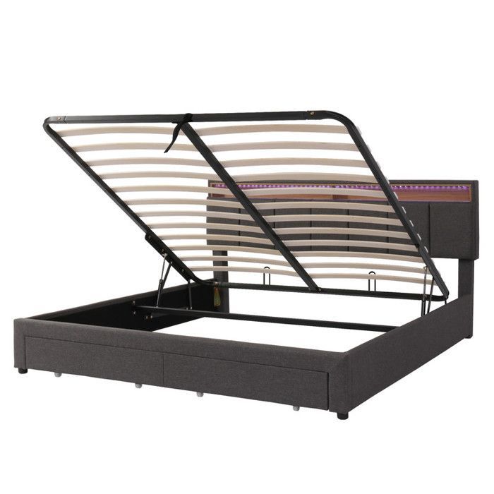 Lit coffre 160 x 200 cm,lit 2 places rangement,rangement dans la tête de lit capitonné,Lit 160x100 avec sommier,lit adulte,gris lin