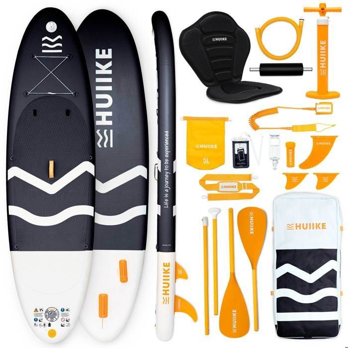 Adult Inflatable Paddleboard, Black, with Quality Accessories - HUIIKE - Stand Up Paddleboard with Double Paddle and Kayak Seat