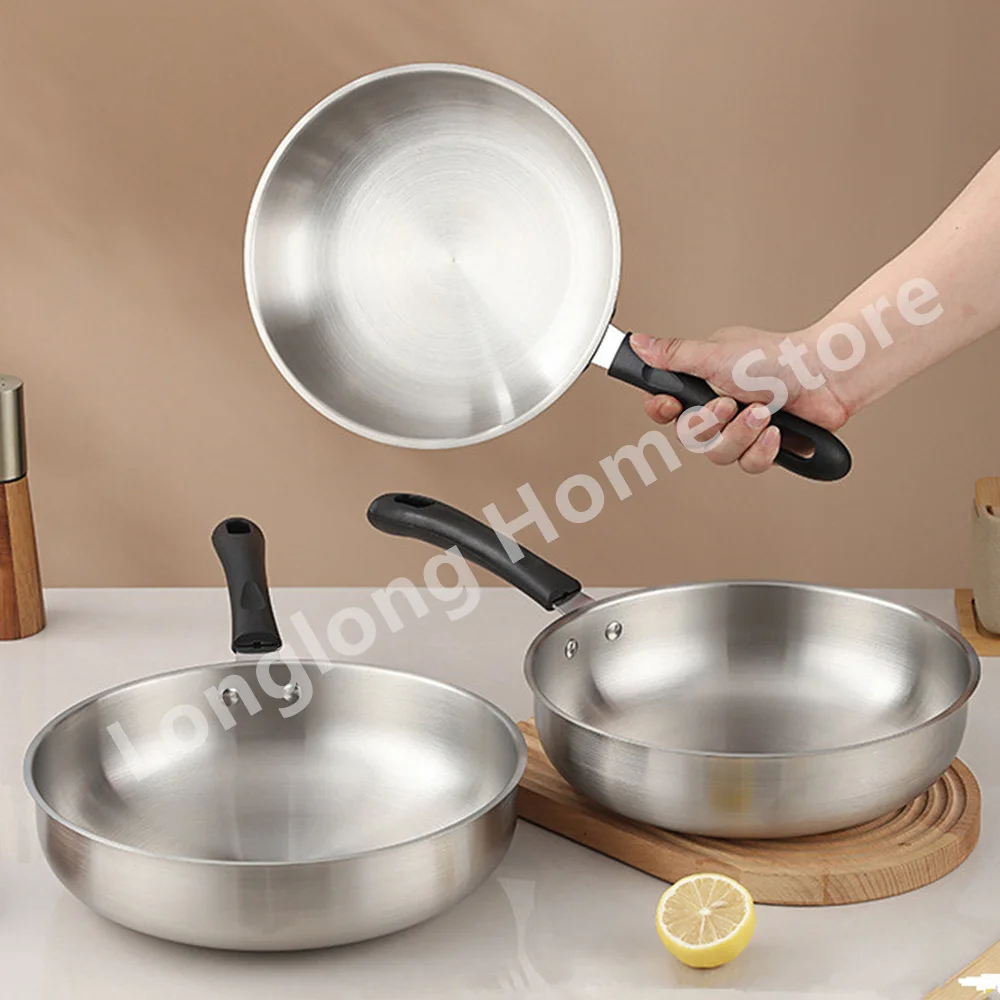 Poêle à frire en acier inoxydable, wok non revêtu, casserole épaisse pour la cuisine, compatible avec les plaques à gaz et à induction, ustensiles de cuisine universels antiadhésifs.