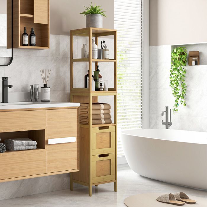 Meuble colonne - kleankin - rangement salle de bain style cosy 3 étagères 2 tiroirs - bambou - 30x30x144cm - naturel