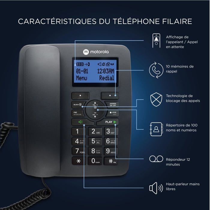 Téléphone filaire et sans fil - SVATV - C4201 - Mode d'urgence - Transfert d'appel - Répertoire 50 contacts