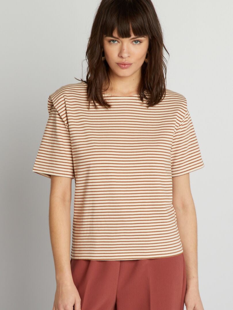 Camiseta listrada com ombreiras - BEGE