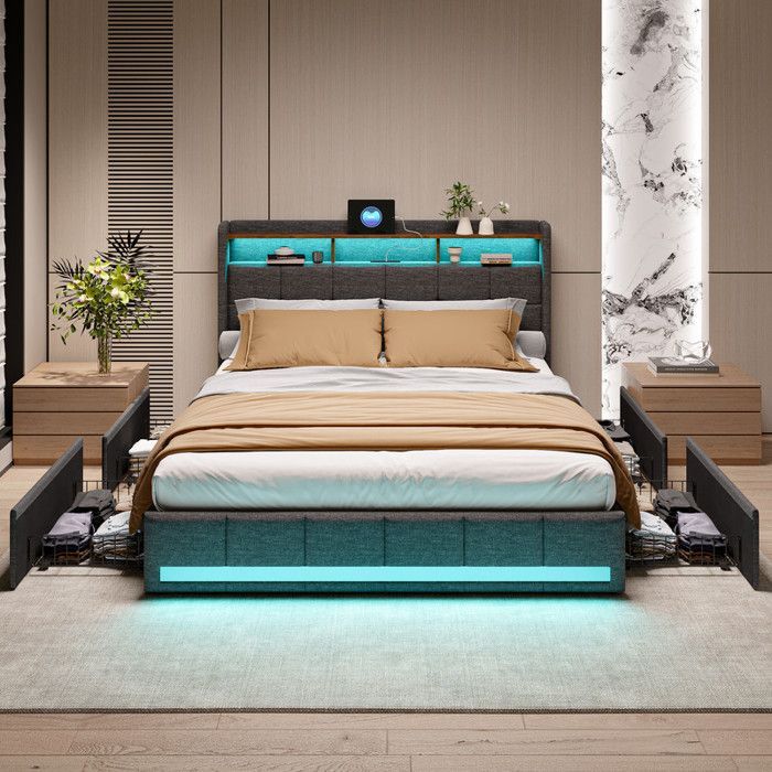 Lit 140 x 190 avec sommier,lit 2 personnes avec tiroirs,LED et USB,lit double capitonné avec cadre à lattes de bois,lin gris