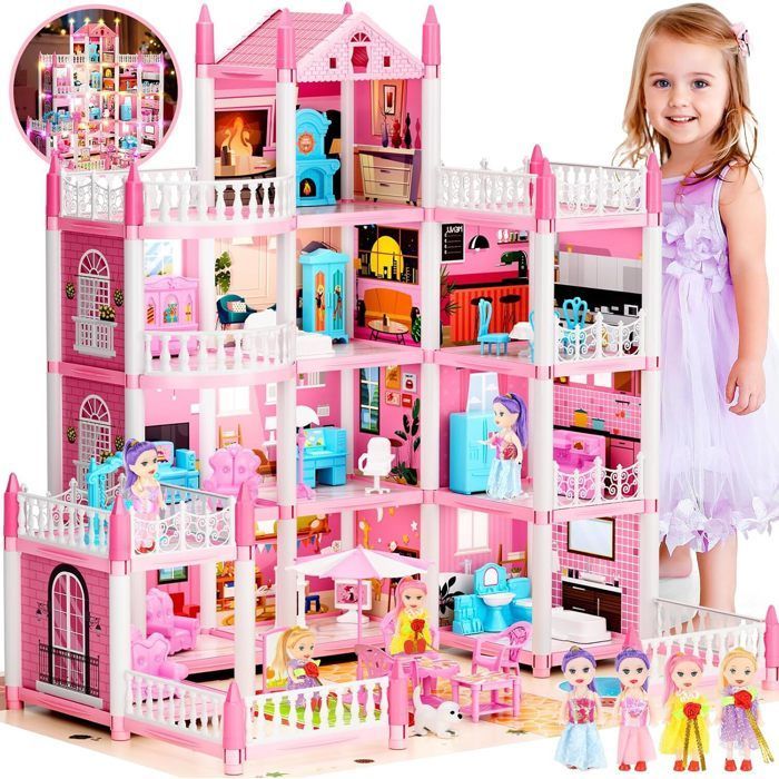 Maison de poupée à 3 étages avec 11 chambres et accessoires entièrement équipée de lumières LED, de poupées