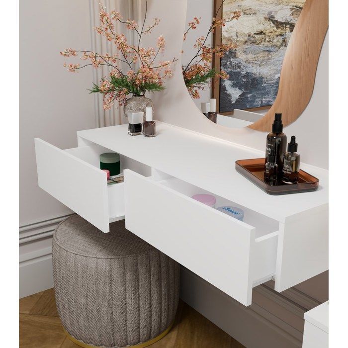 MIKA - Tocador de pared de 110 cm con 2 cajones - Blanco (dormitorio)