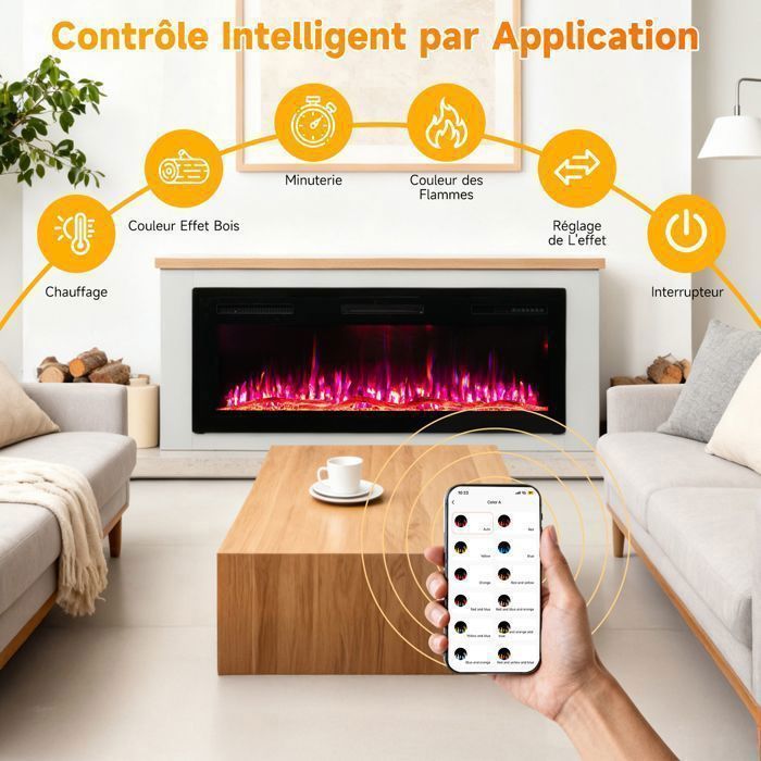 HOMAVO 50'' Cheminée Électrique, 1000/2000W, Flamme 3D, APP Contrôle, Minuterie, Sécutité Surchauffe, Meuble incluse