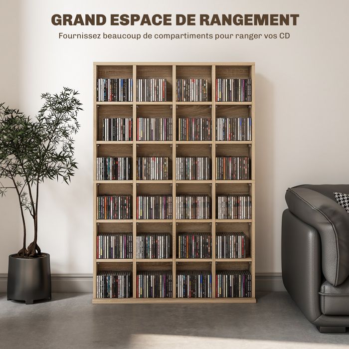 Mueble de almacenamiento multimedia para 456 CD/336 DVD - HOMCOM - estantería de madera con baldas ajustables - 89 x 130,5 cm, madera natural