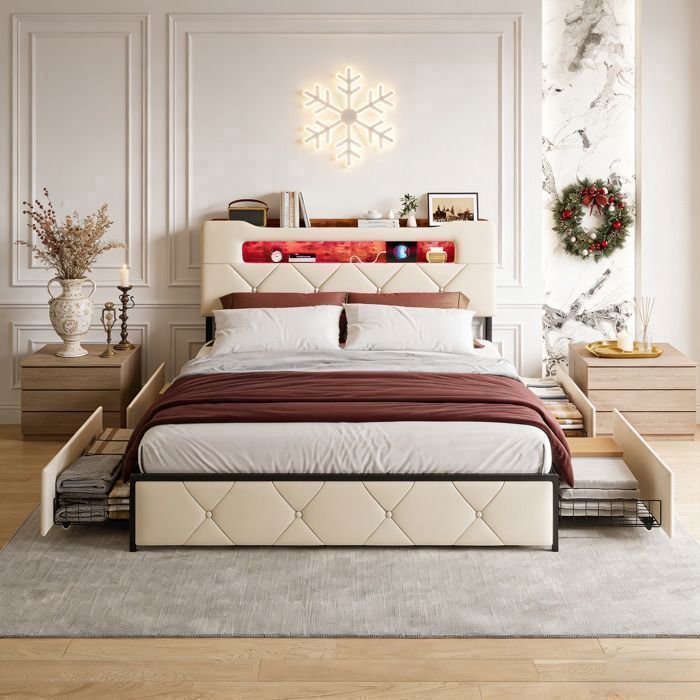 Lit 140x190 cm avec sommier à lattes, LED, cadre de lit double 140x190 avec rangement, tissu en velours beige, 2 places