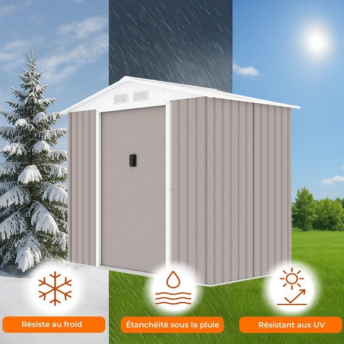 Caseta de jardín metálica de 2,71 m² - 213 x 127 x 195 cm - PLUTON - Kit de anclaje incluido, 2 puertas correderas - Color topo