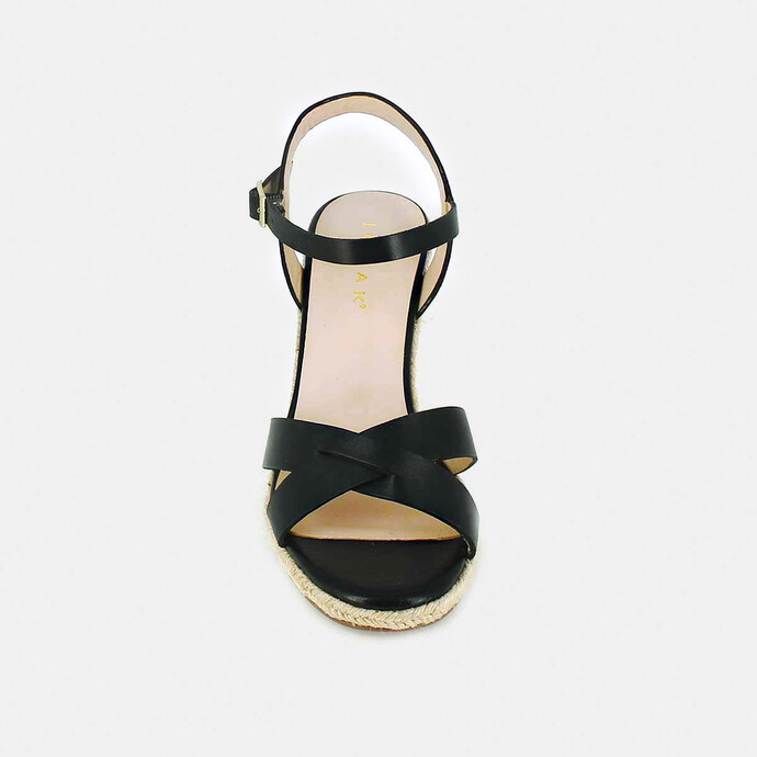 Sandales à talon compensé  en corde en cuir noir