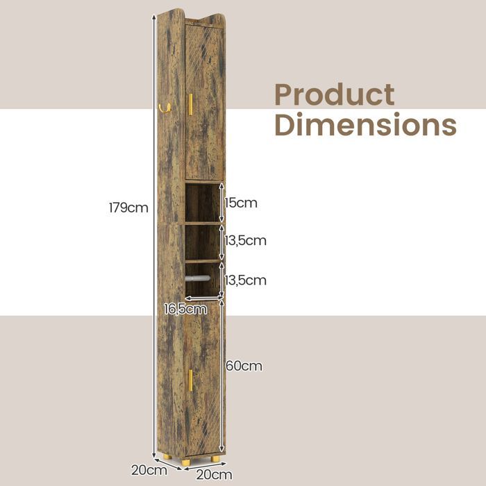 GIANTEX Narrow Bathroom Column - Adjustable Shelves - 2 Open Compartments - 2 Doors - Towel Rail - 20x20x179cm - Cafe