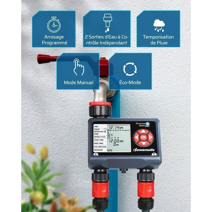 Temporizador de irrigação externa bidirecional DEWENWILS - 4 programas por zona - Temporizador automático para irrigação de jardim - À prova d'água
