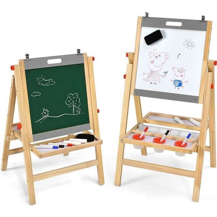 Caballete plegable infantil GOPLUS, pizarra de doble cara en blanco y negro, 5 niveles de altura ajustables, accesorios completos, madera de pino, gris.