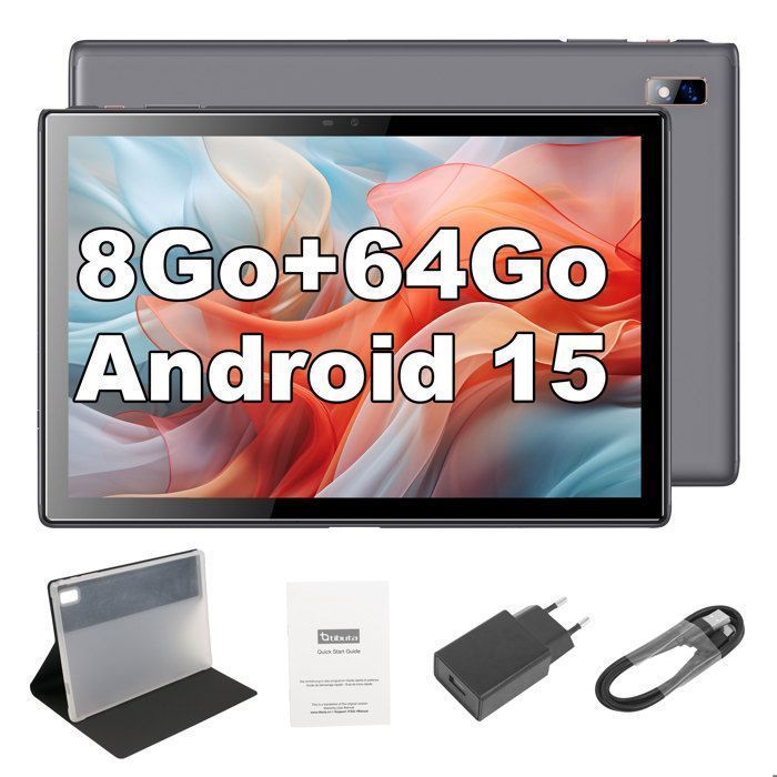 Tablet Tibuta de 10 polegadas com Android 15, 8 GB de RAM + 64 GB de ROM (expansível até 128 GB), processador quad-core, bateria de 5000 mAh e capa.