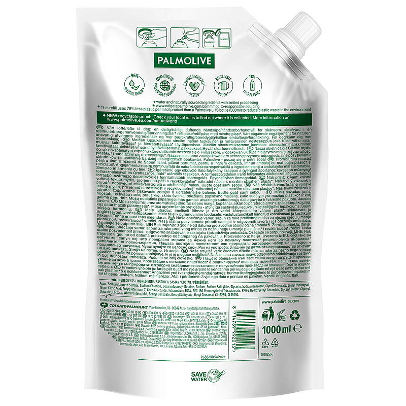 Jabón líquido para manos Palmolive, recarga de 1000 ml, leche y miel.