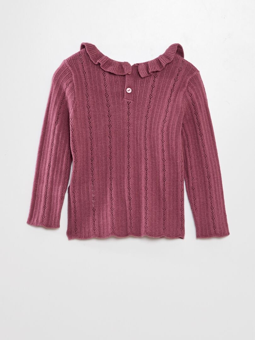 Suéter de tricô vazado com gola franzida - ROSA