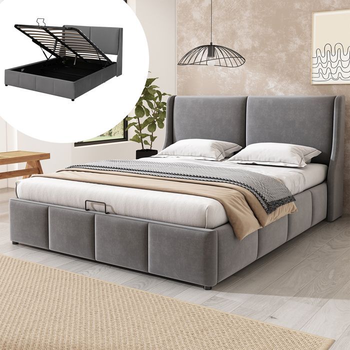 Letto contenitore per adulti Modernluxe 180x200 cm - Grigio - Base a doghe e vano contenitore