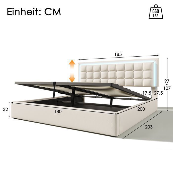 Letto matrimoniale con rete a doghe e contenitore integrato, materasso imbottito, lampada a LED inclusa, dimensioni 180x200 cm.