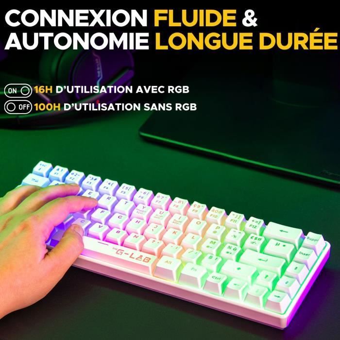 Teclado Gamer - Membrana - The G-Lab - KEYZ HYDROGEN WL - Retroiluminação Arco-Íris - Sem Fio - Semi-mecânico - AZERTY - Branco