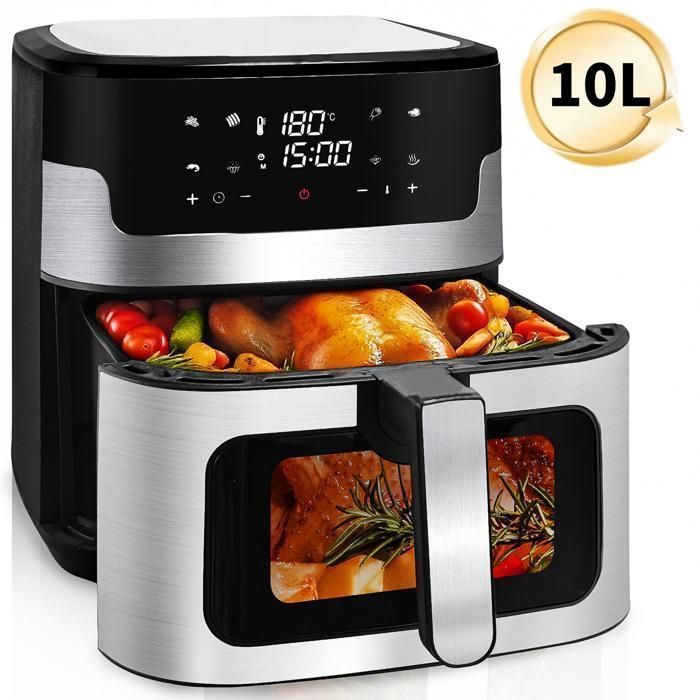 Freidora de aire de 10 litros y 1900 W - 8 programas - Pantalla LED táctil - Ventana de visualización - Temporizador con termostato