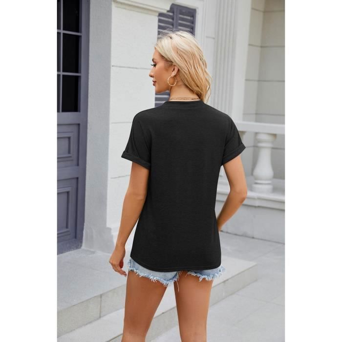 T-shirt da donna a maniche corte con scollo a V e bottoni, tinta unita, vestibilità comoda e casual, ideale per l'estate, in tessuto confortevole - Taglia UE - Nero