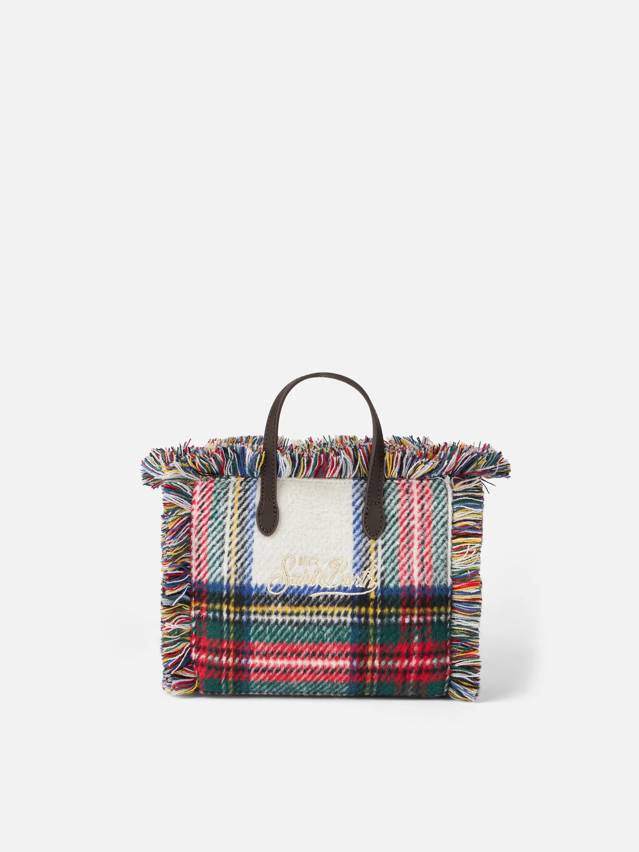 Mini sac à main d'hiver Vanity – Tissu laineux tartan blanc, franges, logo Saint Barth et bandoulière amovible | MC2 Saint Barth