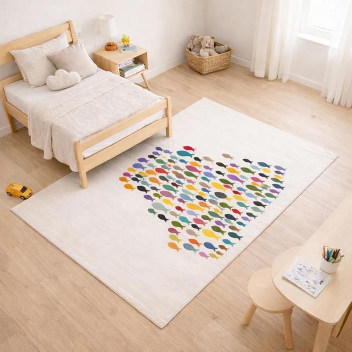 Tapis enfant 60x110 rectangle tissé crème motif animaux FISHES