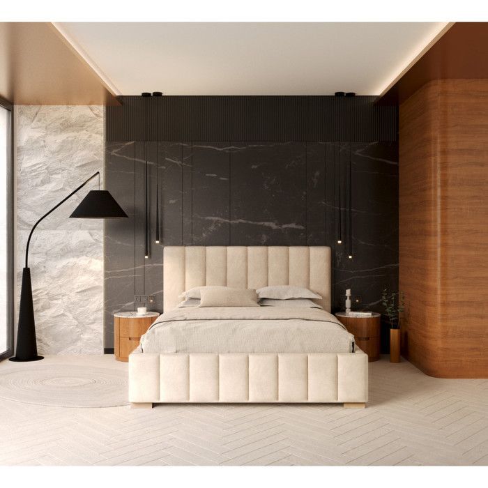 Lit Coffre Austin 160 x 200 cm avec sommier à lattes relevable Crème
