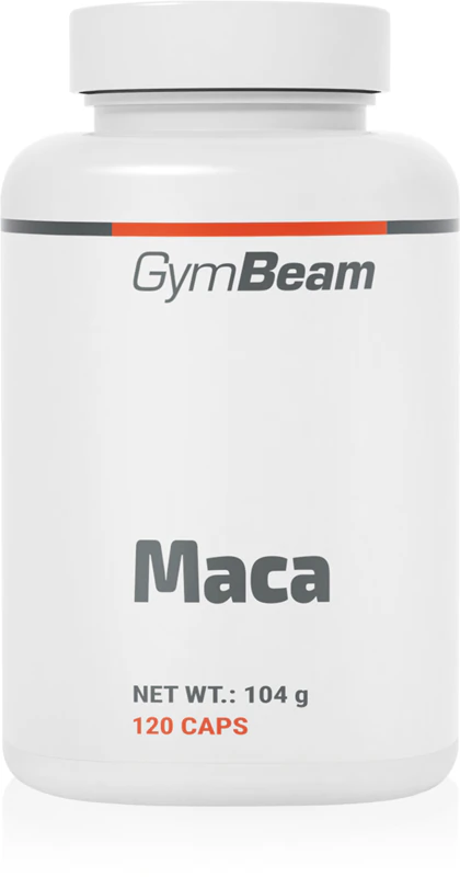 Cápsulas de suplemento alimentar GymBeam Maca para o bem-estar mental.