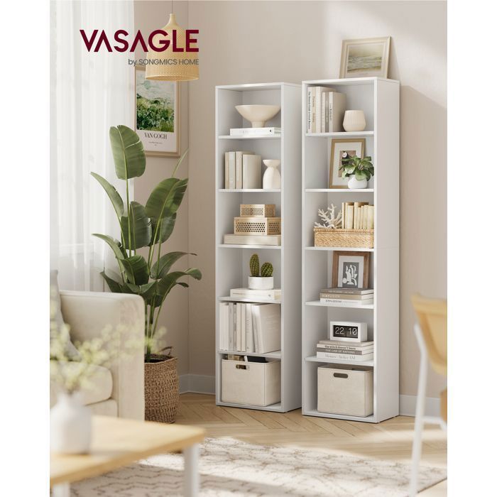 VASAGLE 6-laags opbergkast, open kast, boekenplank, 24 x 40 x 178,5 cm, voor woonkamer, kantoor, wolkwit