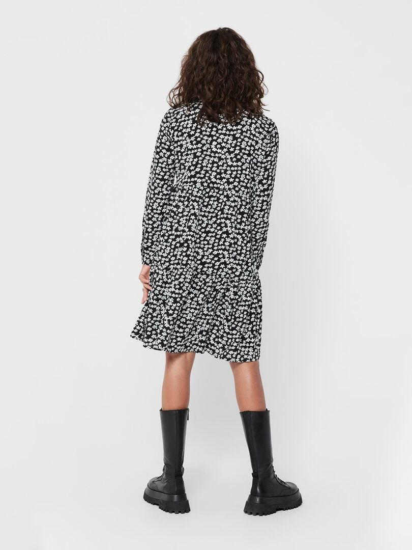 Vestido curto tipo camisa com estampa floral 'JDY' - PRETO