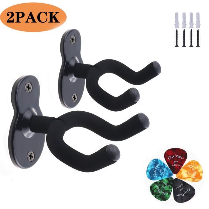 Wall mount for acoustic guitar, classical guitar, bass, electric guitar, 2-pack Black