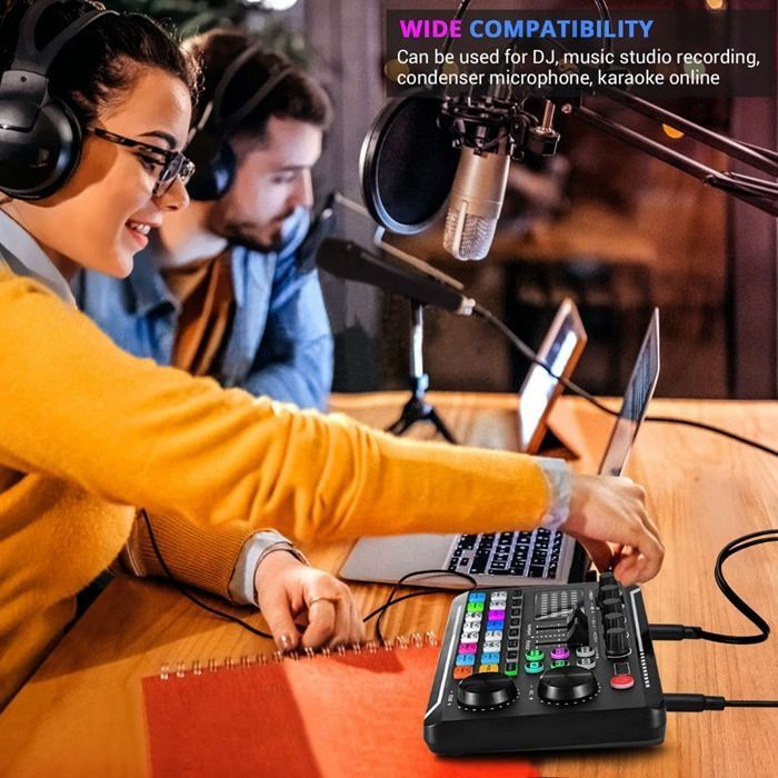 Podcast de la tarjeta de sonido en vivo F998, mezclador de audio, cambiador de voz para efectos de sonido y micrófono de karaoke.