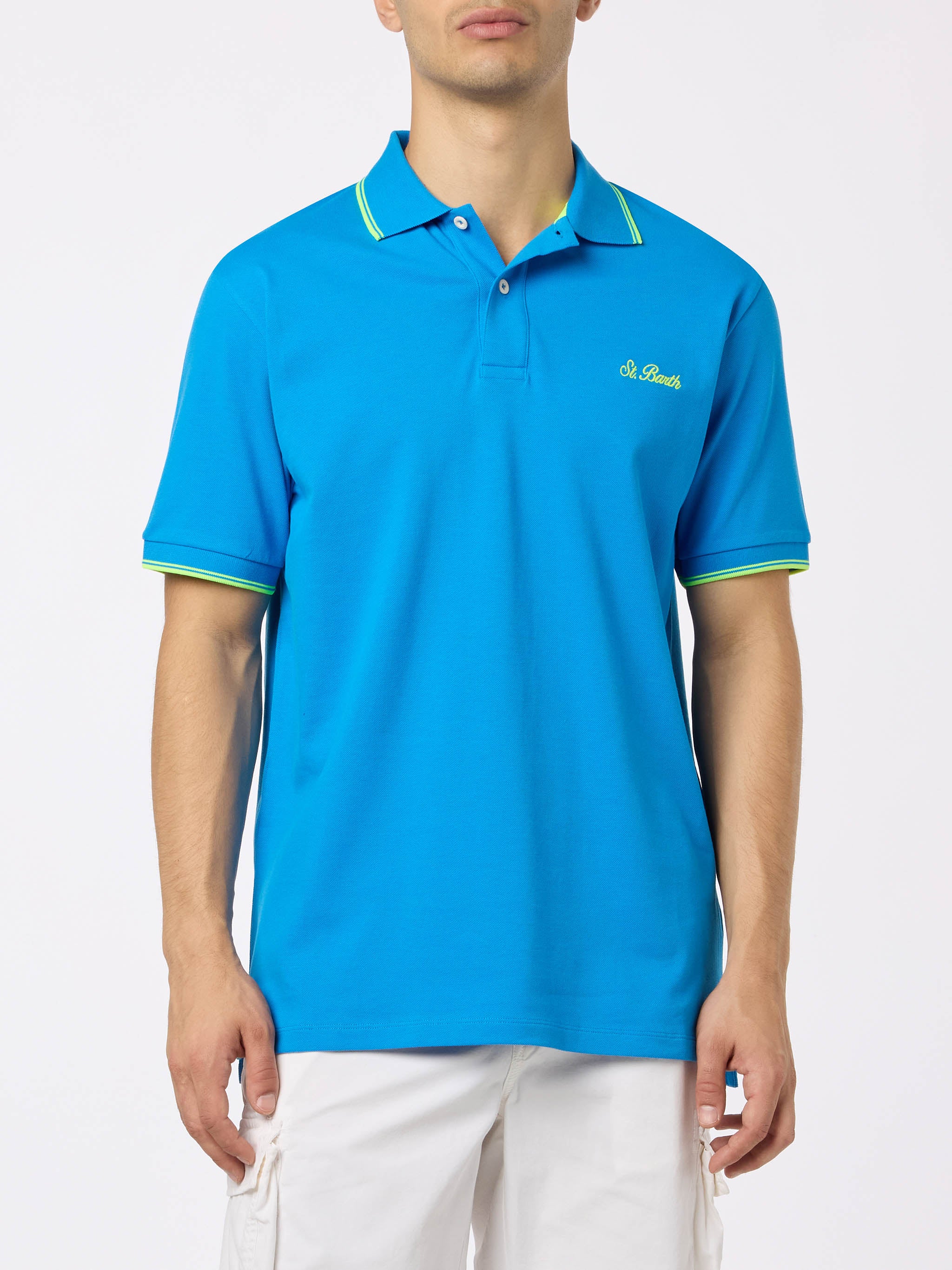 Herenpoloshirt van Beverly Hills-katoenpiqué in Beverly Hills-blauw met palmboomborduurwerk
