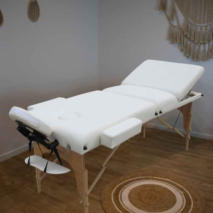 Camilla de masaje plegable de madera de 15 cm y 3 secciones con panel Reiki + accesorios y estuche de transporte - Blanca - Vivezen