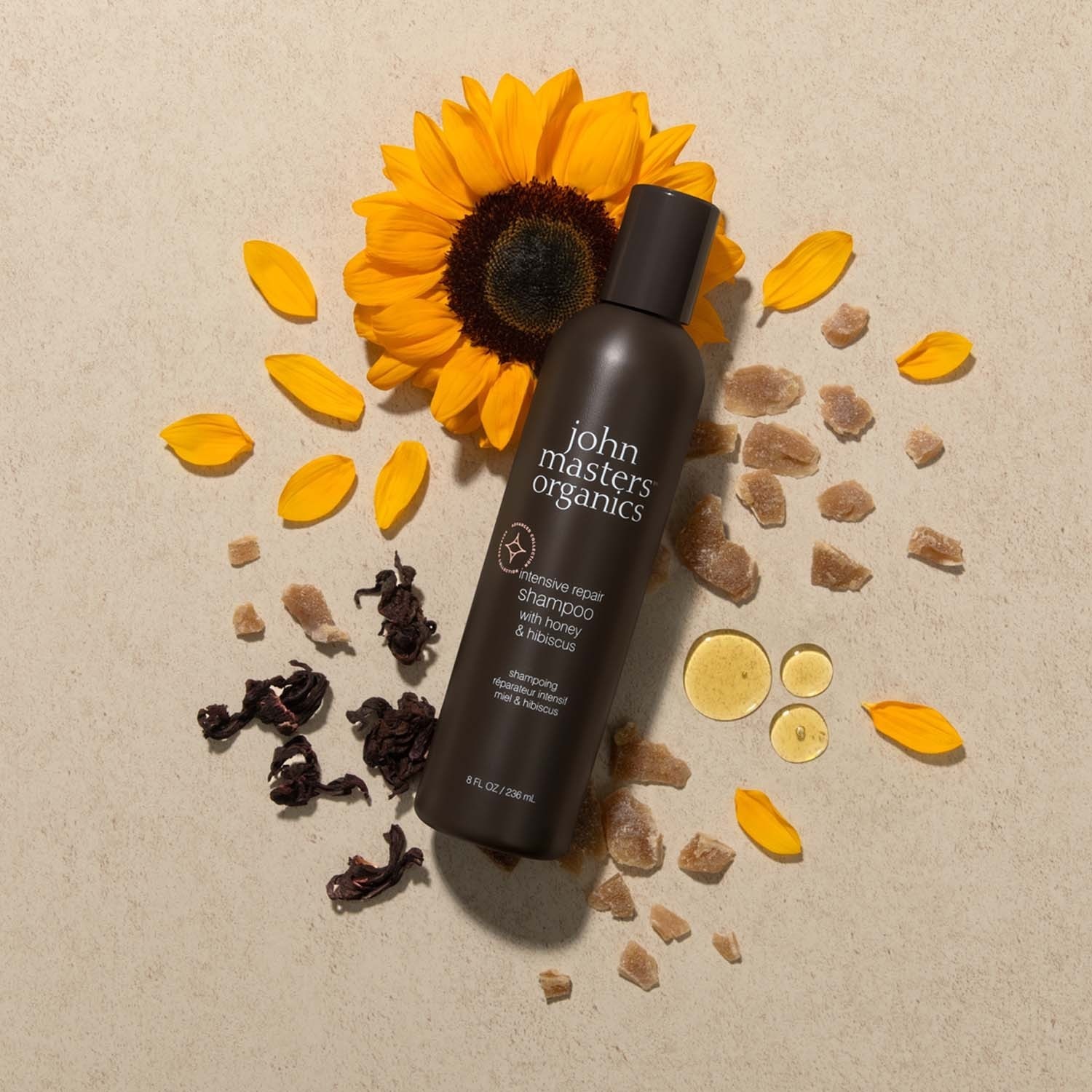 John Masters Organics Shampoing pour cheveux abîmés au miel et à l'hibiscus