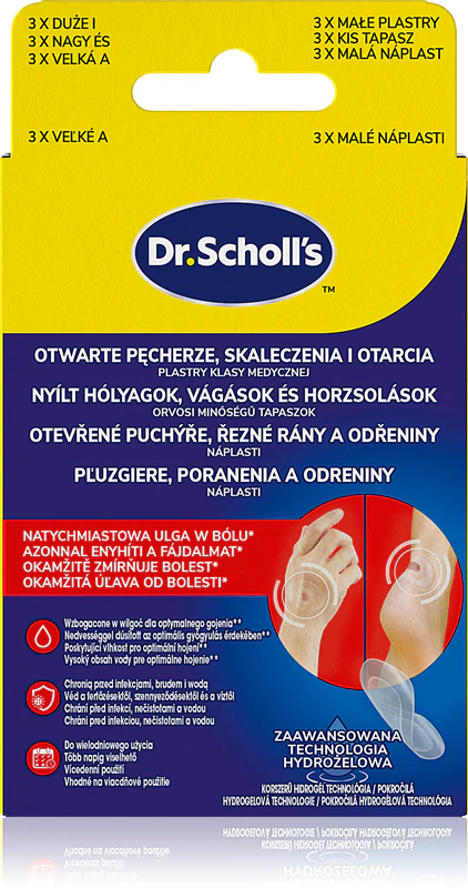 Dr. Scholl's hydroactieve pleister voor open blaren, snijwonden en schaafwonden, voor de behandeling van kleine, oppervlakkige wonden.