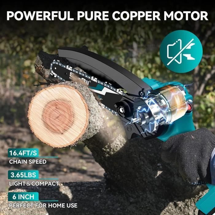 Mini motosierra eléctrica - MARCA - 6 pulgadas - 8000 mAh - 2 baterías de 4,0 Ah - Lubricación automática