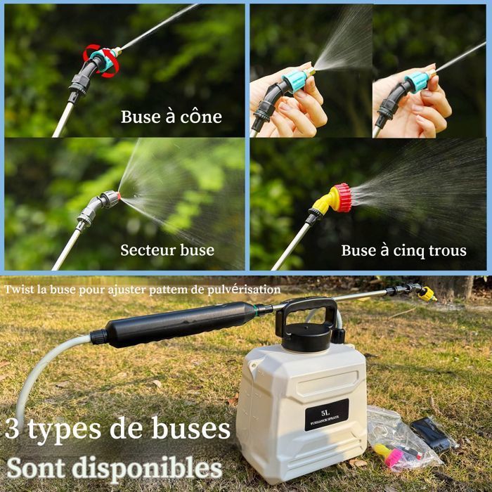 Spruzzatore elettrico da giardino da 5 V/2400 mAh, con serbatoio dell'acqua da 5 litri, erogatore retrattile con 3 ugelli regolabili.
