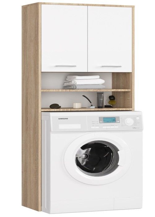 Armoire pour machine à laver 64x30x180cm - Meuble SDB- Meuble de rangement buanderie 2 portes et 4 étagères - Sonoma+Blanc