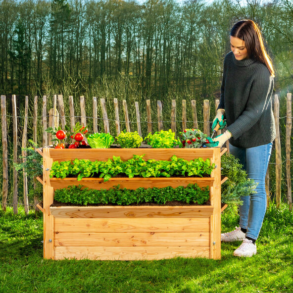 Premium XXL hevet hagebed i naturlig lerk, 125 x 91 x 73 cm