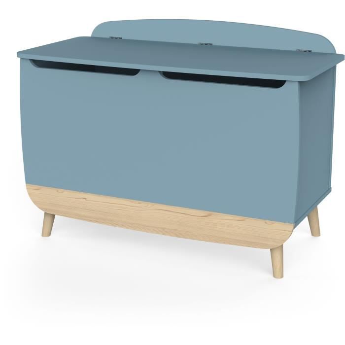 Coffre à jouets - FIRMIANA - style scandinave - Bleu orage et bois naturel - 82,4 x 39,1 x 58,9 cm - DEMEYERE
