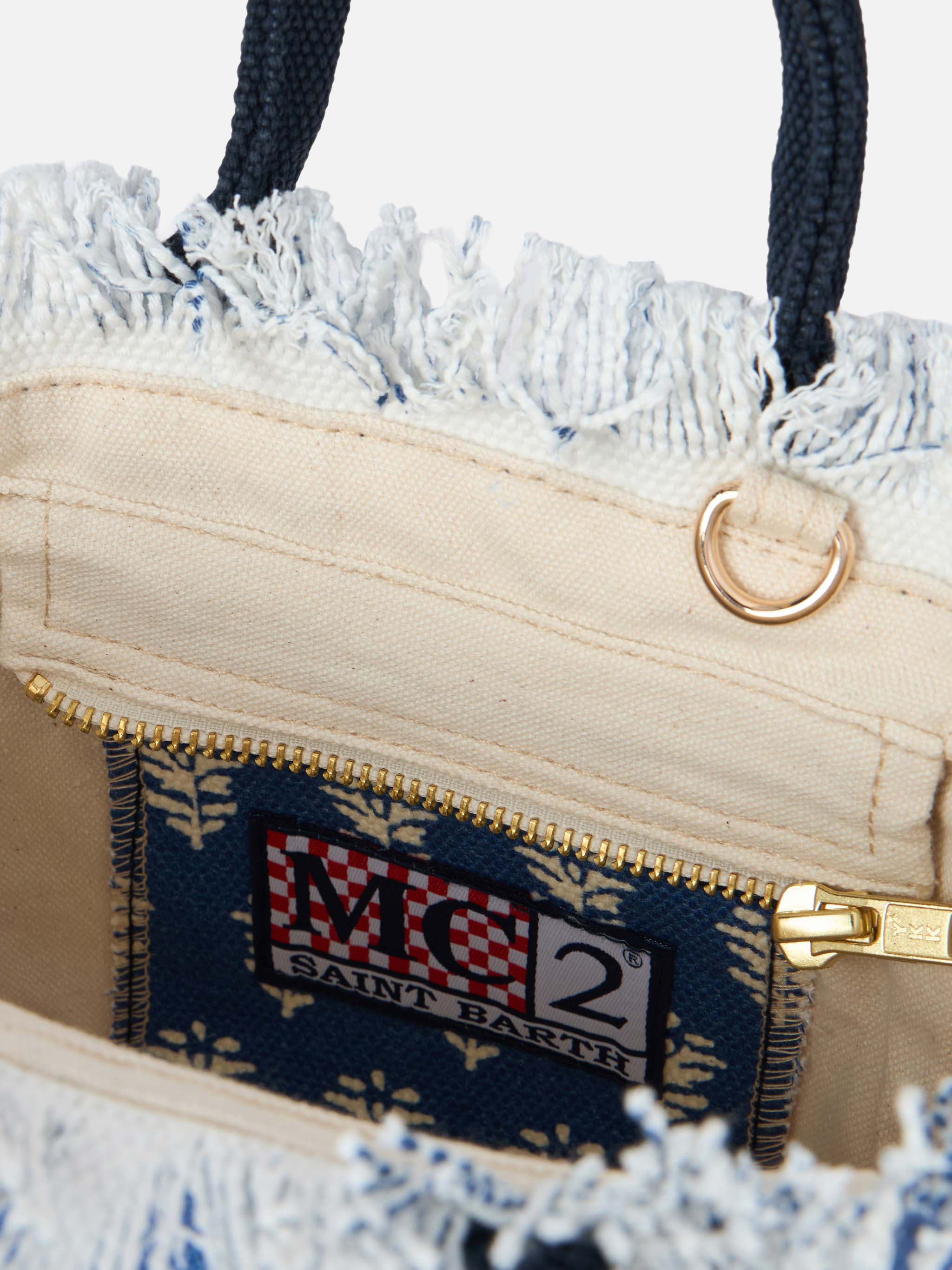 Coton Mini Vanity Canvas Bag | Indigo Flower Print | Saint Barth Logo | Zipper Closure | Inner Zipped Pocket | Detachable Strap | MC2 Saint Barth