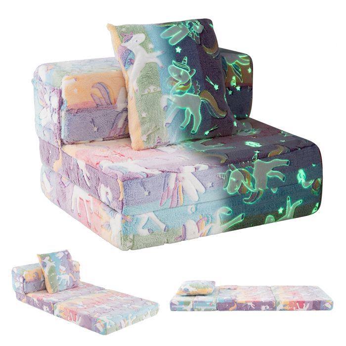 COSTWAY Canapé pour Enfants Phosphorescent 3-en-1 avec Housses Zippées Lavables et Coussin Supplémentaire, Convertible