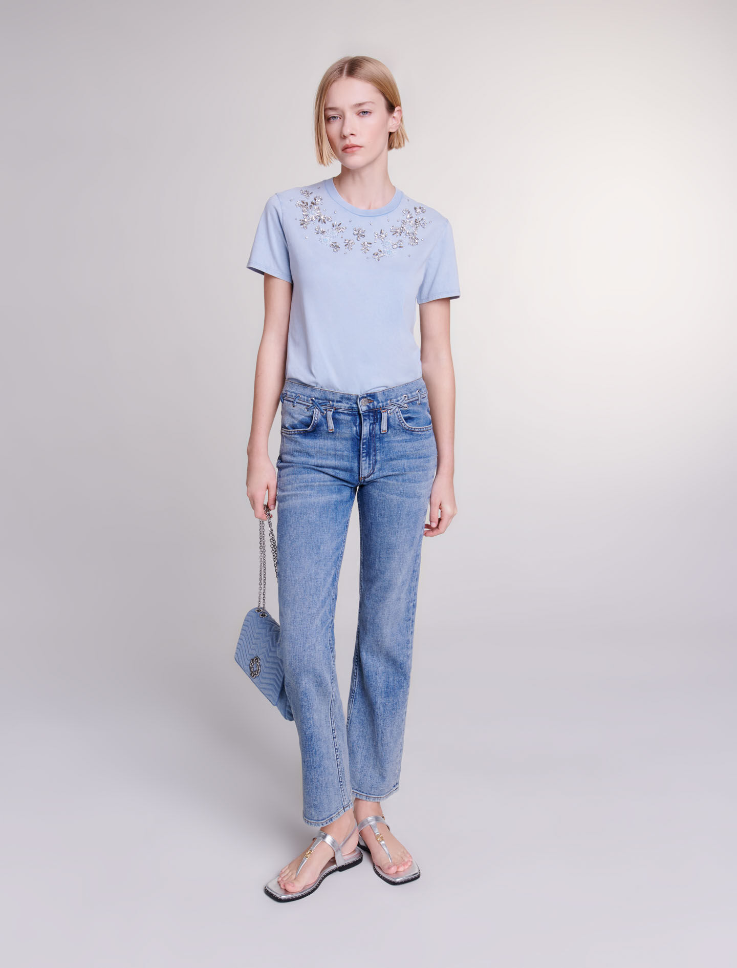 Tricou decorat cu sclipici - Albastru deschis